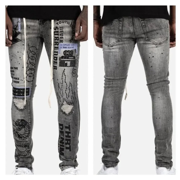 THRT Mens Graphic Paint Splatter Distressed Serpent Jeans Gray Size 36 - Picture 1 of 13